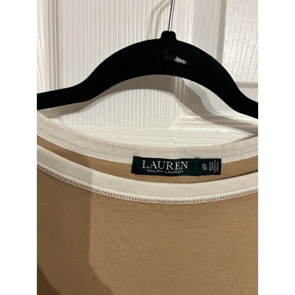 Ralph Lauren Womens XL 3/4 Sleeve Boat Neck Tee Shirt‎ Pocket Sleeve Beige Brown - Picture 8 of 9